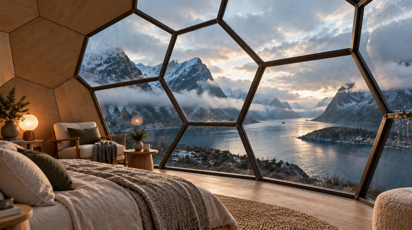 Hochwertiger Glamping-Innenraum mit Panoramablick